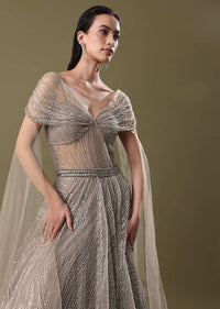 Dusty Beige Embroidered Gown With Cowl Sleeves And Wings