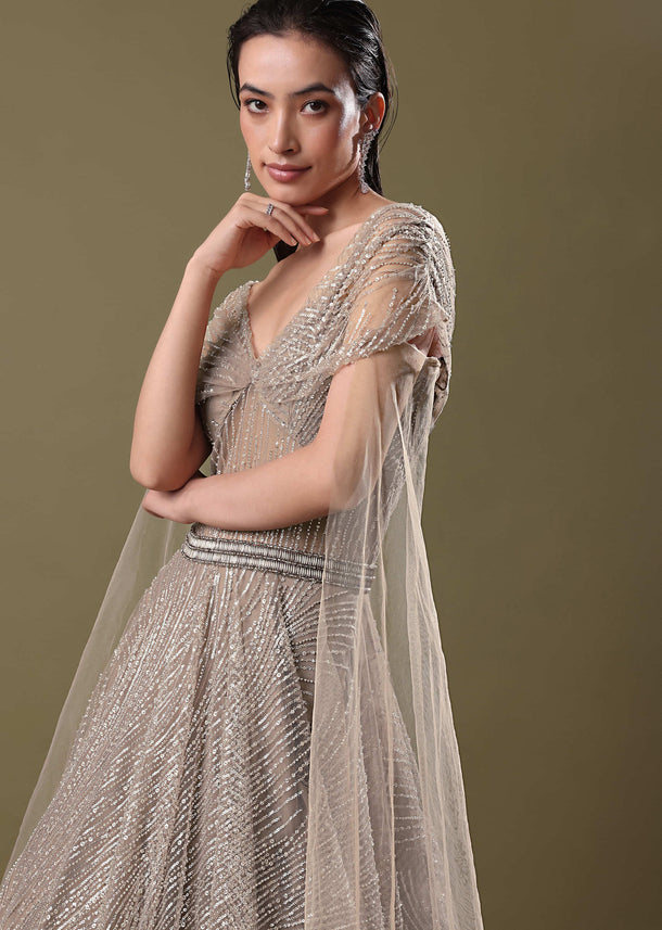 Dusty Beige Embroidered Gown With Cowl Sleeves And Wings