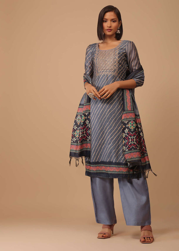 Airforce Blue Embroidered Leheriya Printed Chanderi Palazzo Suit With Printed Dupatta