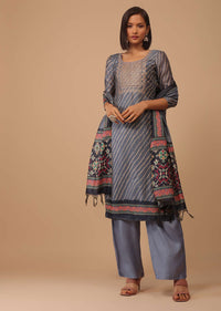 Airforce Blue Embroidered Leheriya Printed Chanderi Palazzo Suit With Printed Dupatta