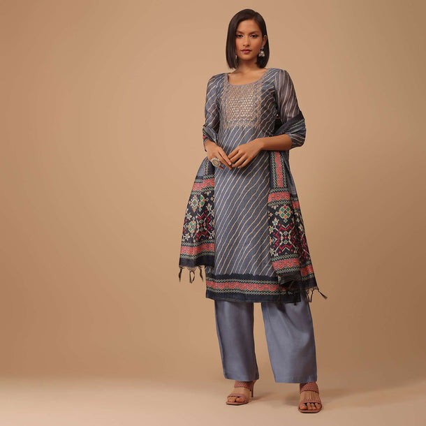 Airforce Blue Embroidered Leheriya Printed Chanderi Palazzo Suit With Printed Dupatta