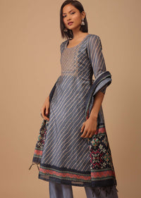 Airforce Blue Embroidered Leheriya Printed Chanderi Palazzo Suit With Printed Dupatta