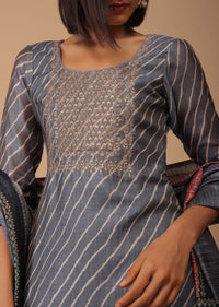 Airforce Blue Embroidered Leheriya Printed Chanderi Palazzo Suit With Printed Dupatta