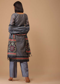 Airforce Blue Embroidered Leheriya Printed Chanderi Palazzo Suit With Printed Dupatta