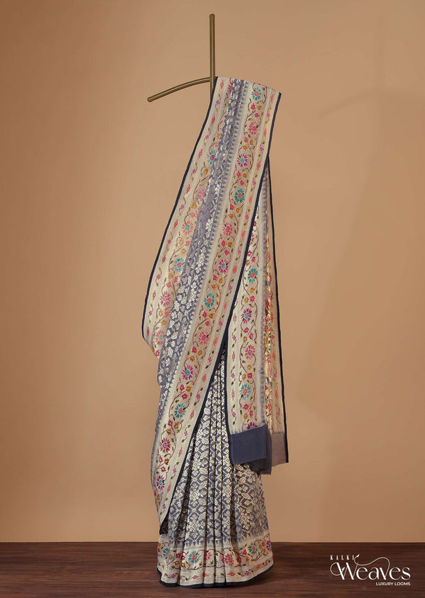 Cloud Grey Saree In Georgette With Banarasi Zari Meena Work Border And Unstitched Blouse