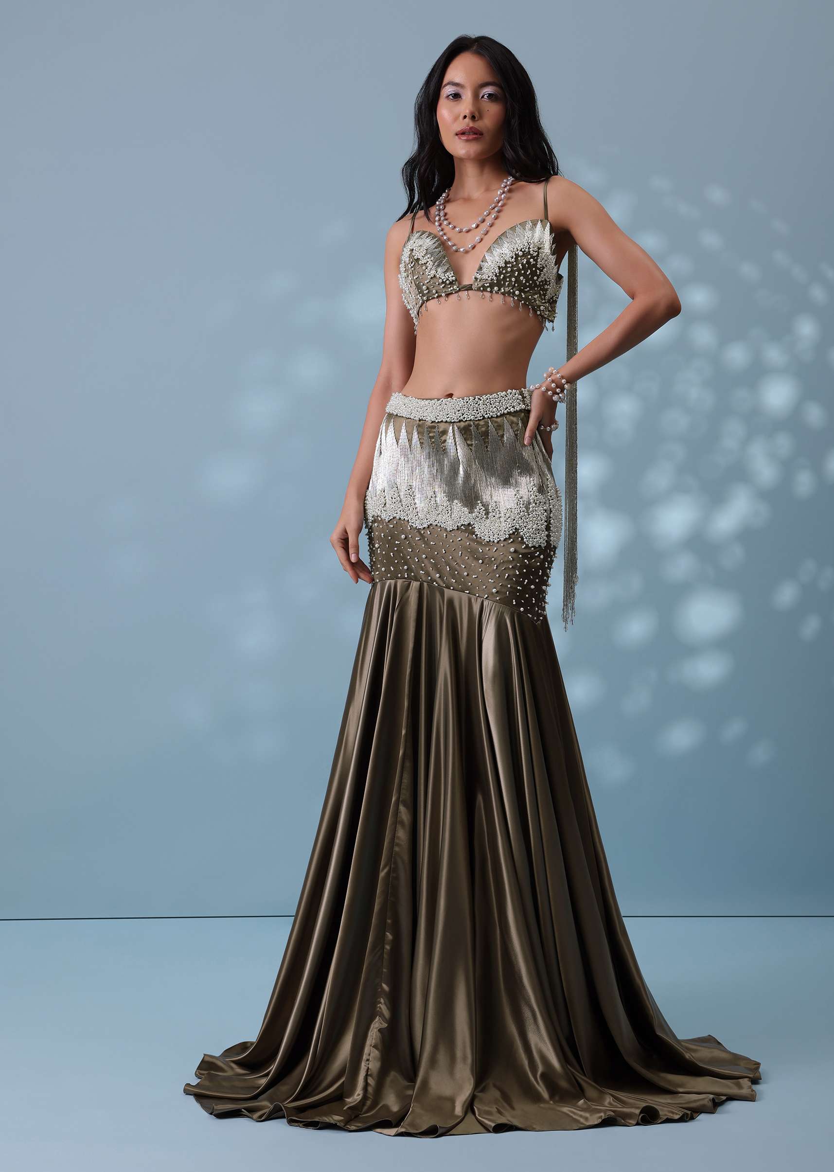 Dusty Brown Embroidered Trail Lehenga Set In Milano Satin With Tassel Blouse