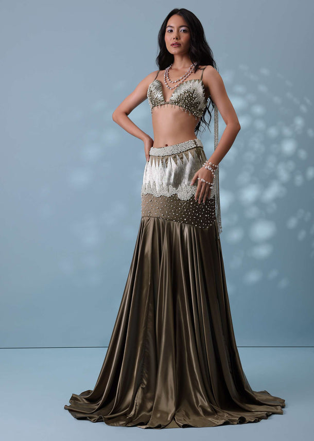 Dusty Brown Embroidered Trail Lehenga Set In Milano Satin With Tassel Blouse