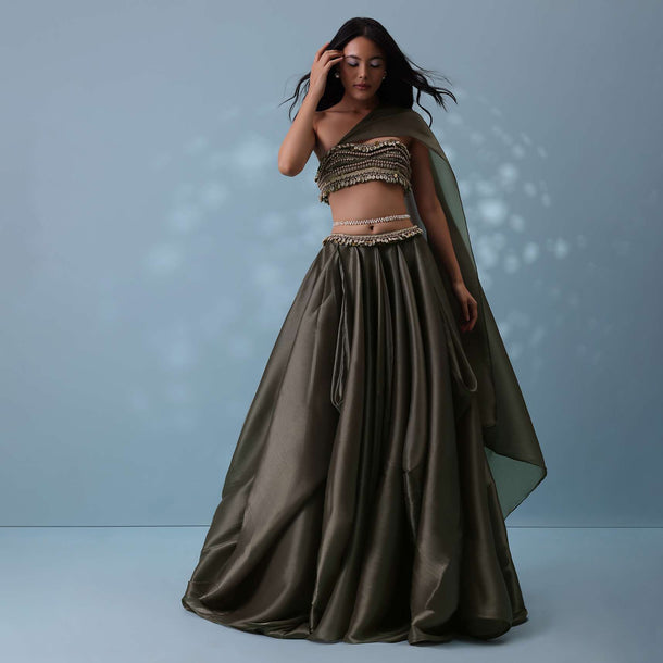 Dusty Brown Embroidered Cowl Lehenga With Tube Top In Shimmer Organza