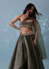 Dusty Brown Embroidered Cowl Lehenga With Tube Top In Shimmer Organza