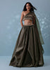 Dusty Brown Embroidered Cowl Lehenga With Tube Top In Shimmer Organza