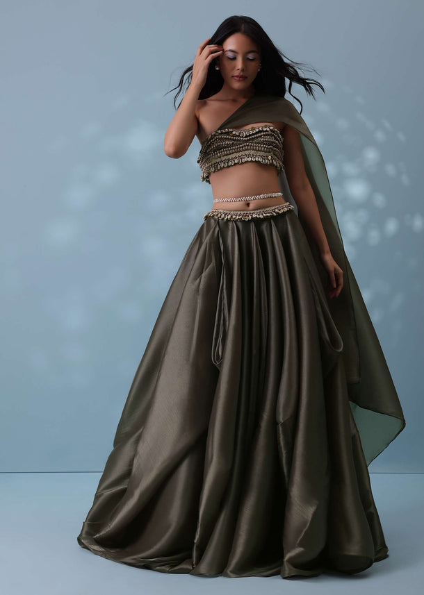 Dusty Brown Embroidered Cowl Lehenga With Tube Top In Shimmer Organza