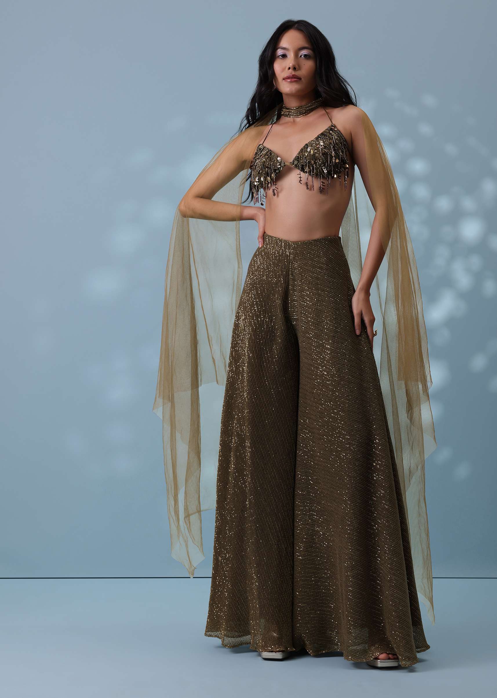 Dusty Brown Fancy Indowestern Palazzo And Bustier In Lycra Sequins With Choker