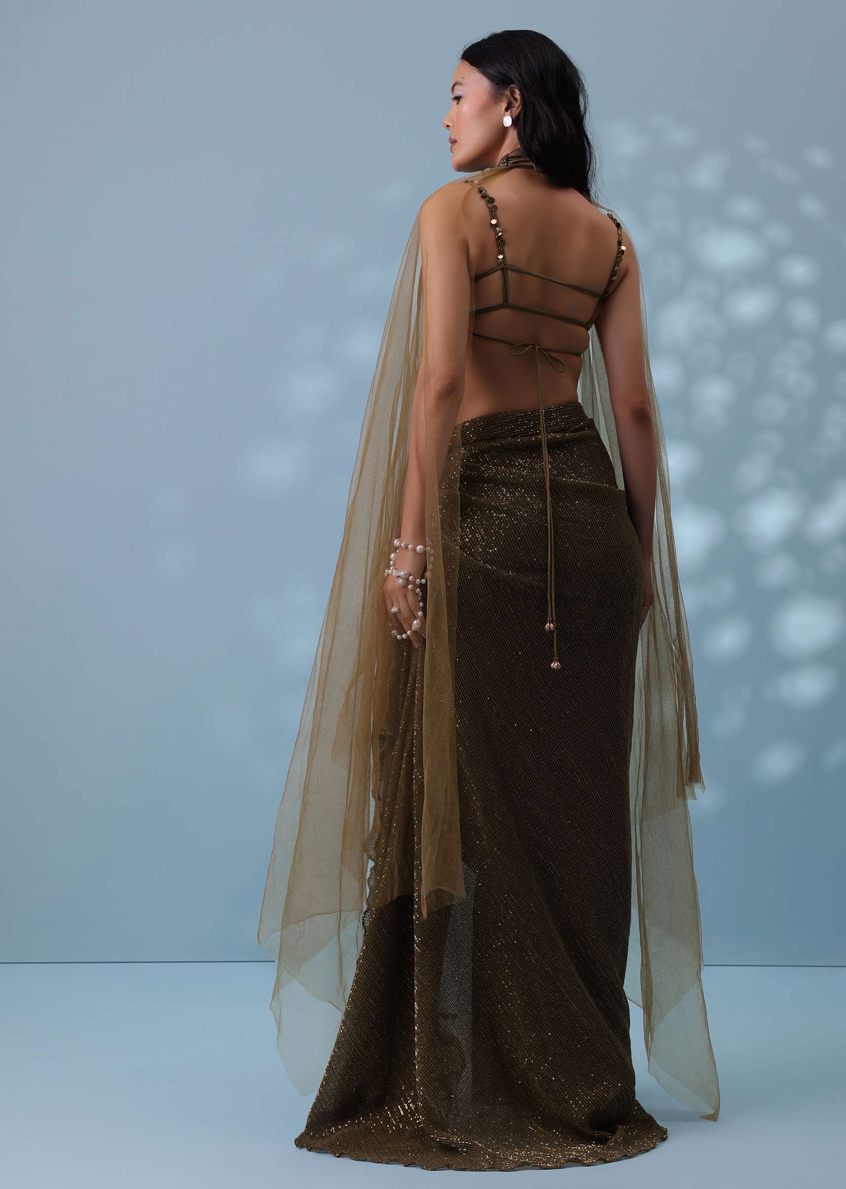 Dusty Brown Embroidered Indowestern Drape Skirt And Blouse In Lycra Sequins With Matching Choker