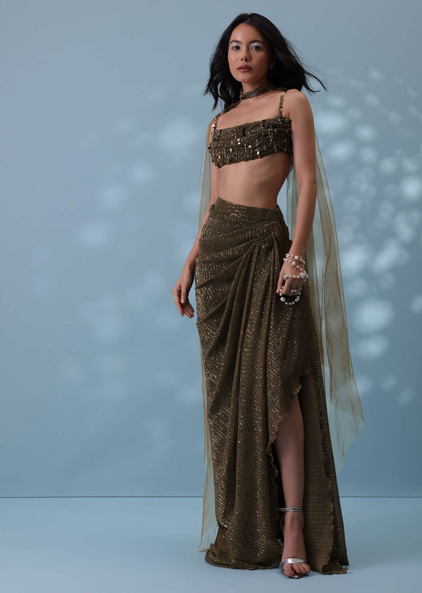 Dusty Brown Embroidered Indowestern Drape Skirt And Blouse In Lycra Sequins With Matching Choker