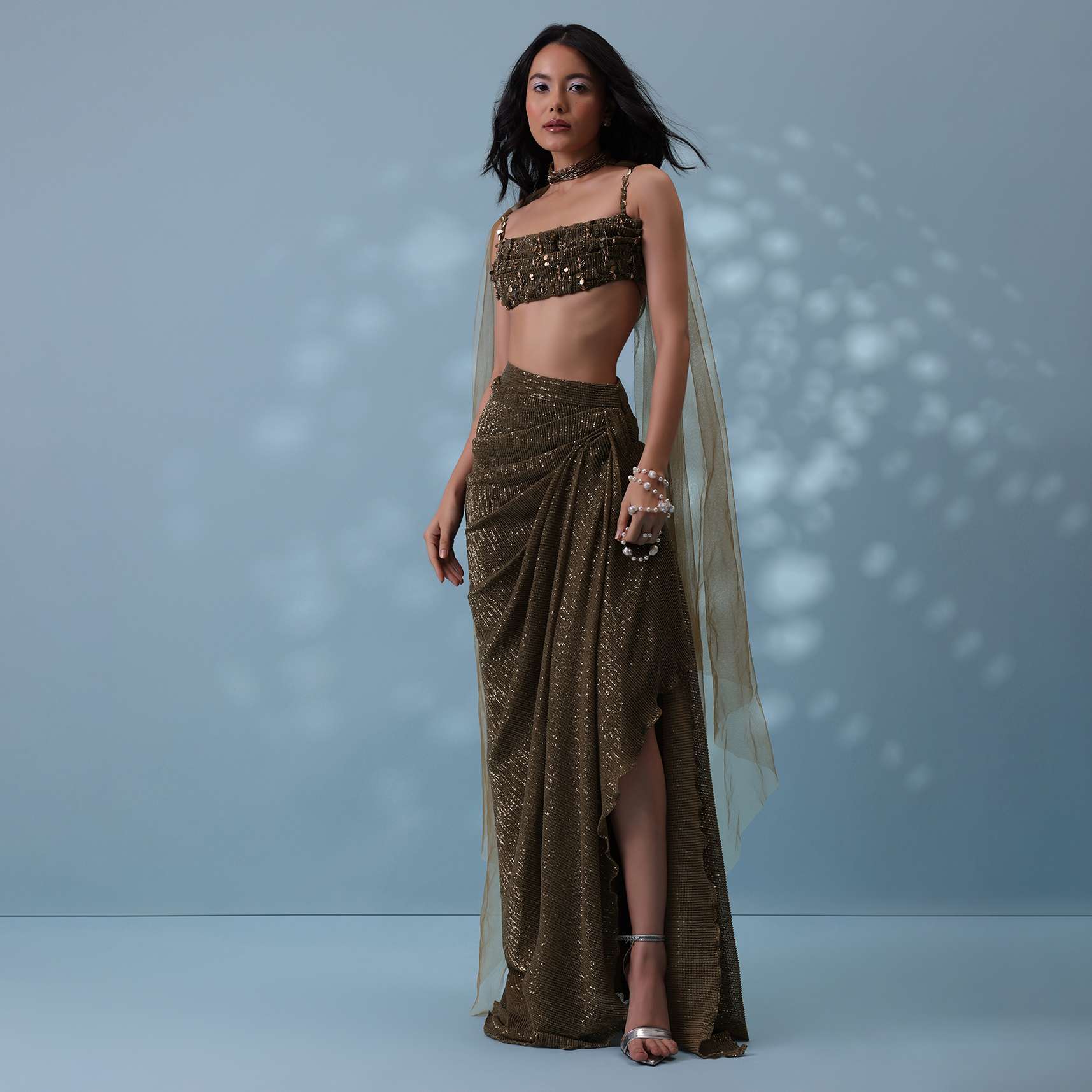 Dusty Brown Embroidered Indowestern Drape Skirt And Blouse In Lycra Sequins With Matching Choker