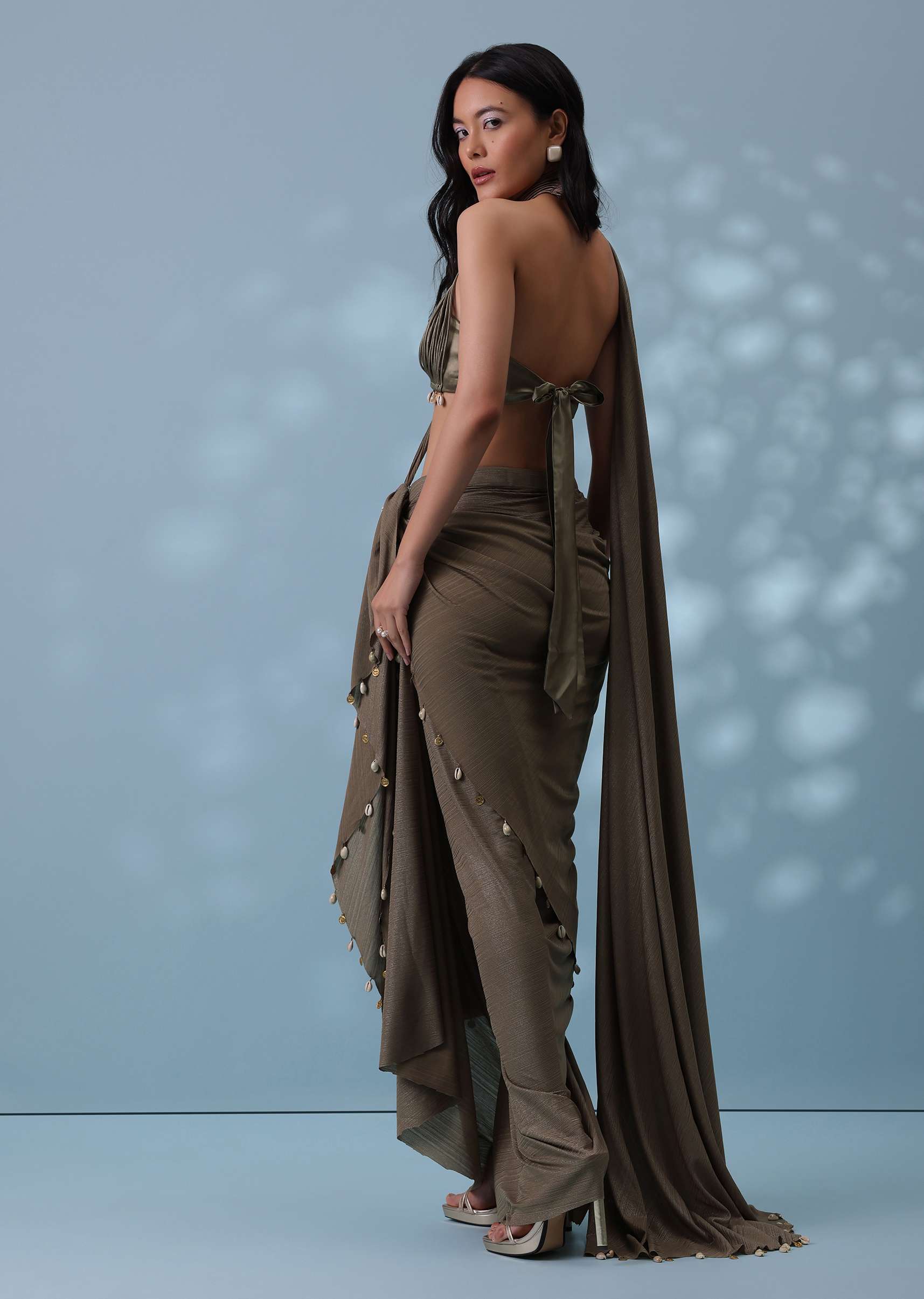 Dusty Brown Drape Skirt And Blouse With Shell Tassels All-over