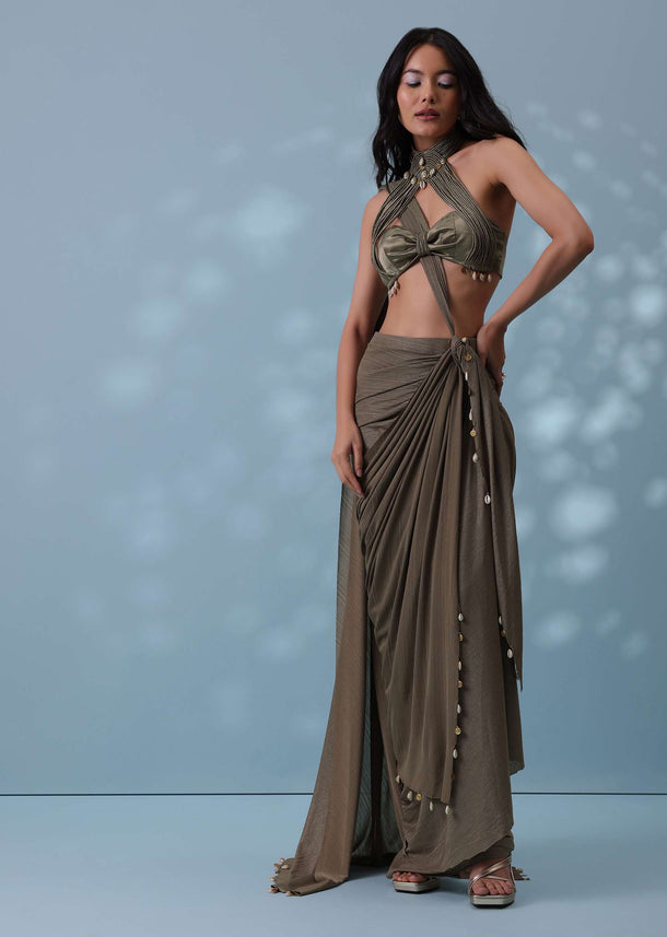 Dusty Brown Drape Skirt And Blouse With Shell Tassels All-over