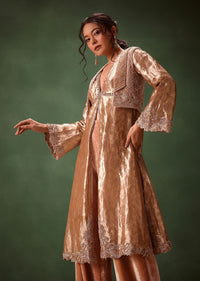 Dusty Brown Brocade Anarkali Style Kurti With Crop Jacket And Straight Flared Pant