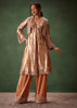 Dusty Brown Brocade Anarkali Style Kurti With Crop Jacket And Straight Flared Pant