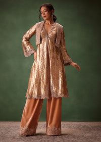 Dusty Brown Brocade Anarkali Style Kurti With Crop Jacket And Straight Flared Pant