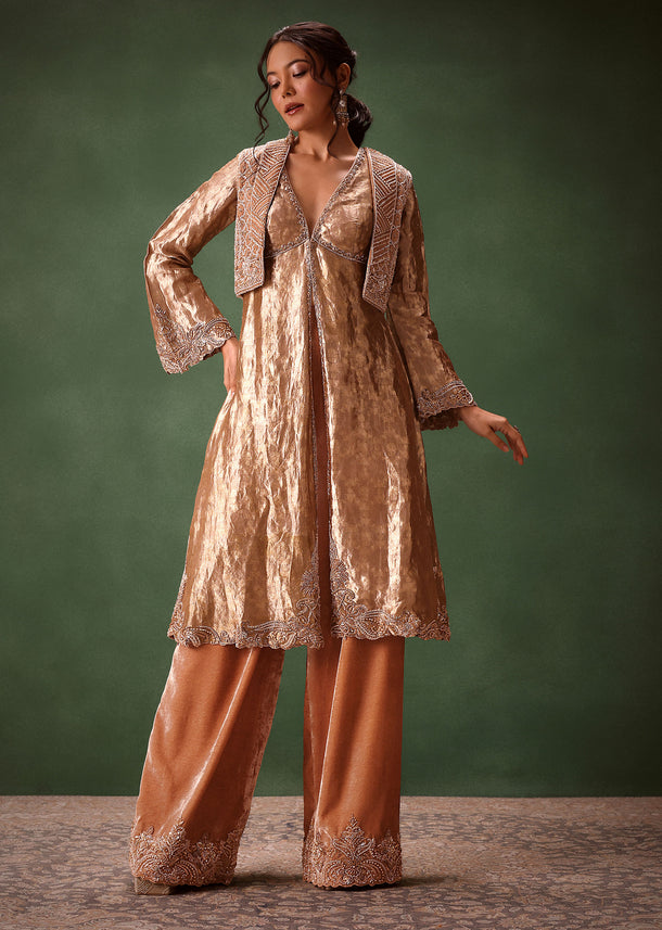 Dusty Brown Brocade Anarkali Style Kurti With Crop Jacket And Straight Flared Pant