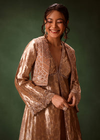 Dusty Brown Brocade Anarkali Style Kurti With Crop Jacket And Straight Flared Pant