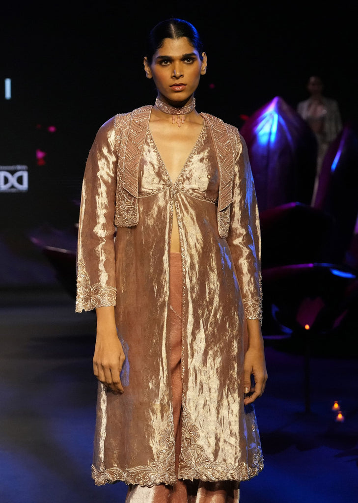 Dusty Brown Brocade Anarkali Style Kurti With Crop Jacket And Straight Flared Pant