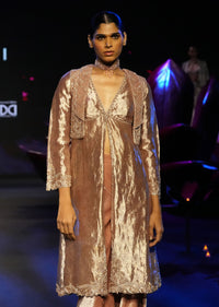 Dusty Brown Brocade Anarkali Style Kurti With Crop Jacket And Straight Flared Pant