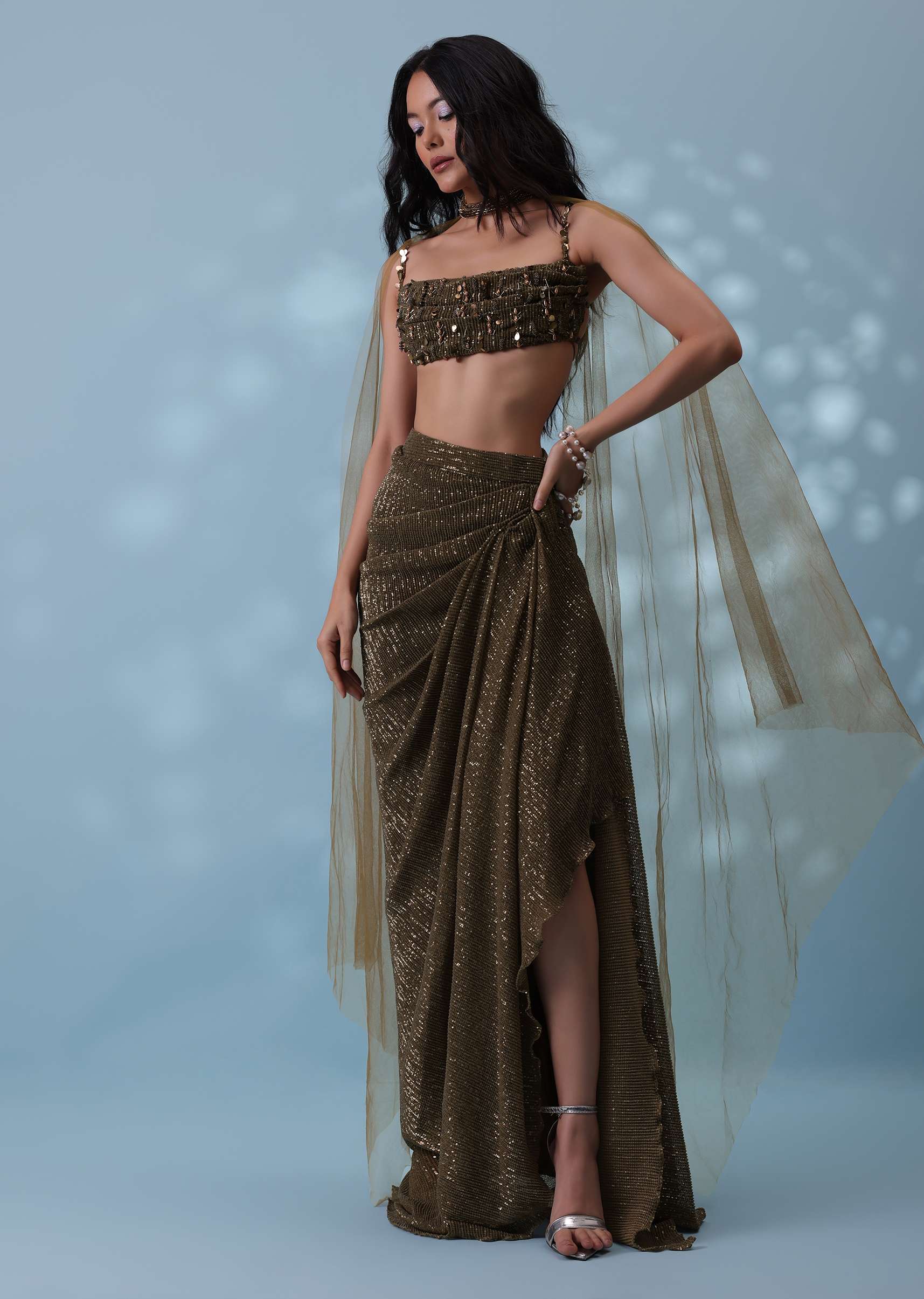 Dusty Brown Embroidered Indowestern Drape Skirt And Blouse In Lycra Sequins With Matching Choker