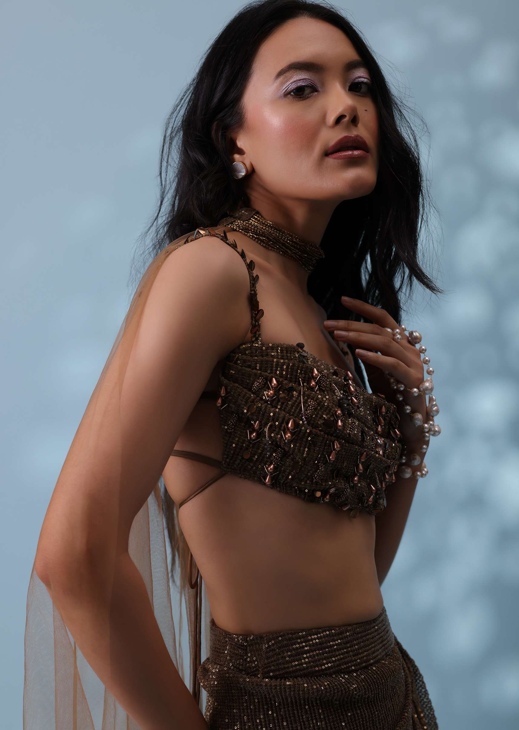 Dusty Brown Embroidered Indowestern Drape Skirt And Blouse In Lycra Sequins With Matching Choker