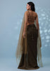 Dusty Brown Embroidered Indowestern Drape Skirt And Blouse In Lycra Sequins With Matching Choker