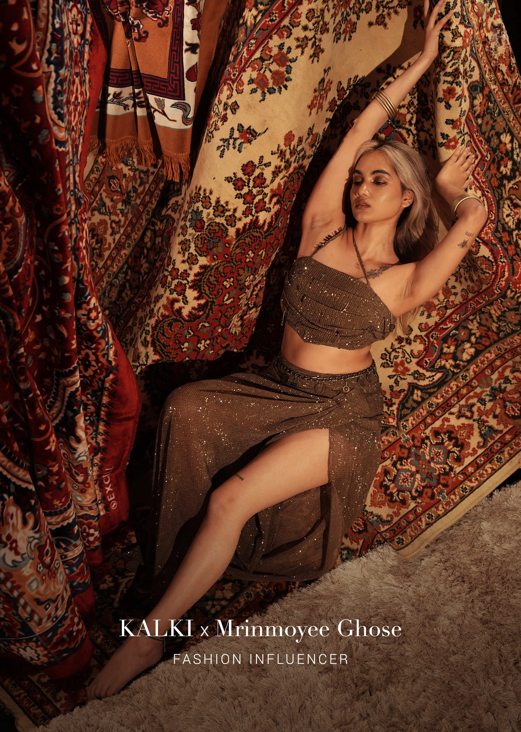 Dusty Brown Embroidered Indowestern Drape Skirt And Blouse In Lycra Sequins With Matching Choker