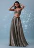 Dusty Brown Embroidered Skirt Top Set In Shimmer Organza With Fringe Shrug