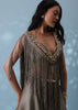 Dusty Brown Embroidered Skirt Top Set In Shimmer Organza With Fringe Shrug