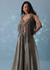 Dusty Brown Embroidered Skirt Top Set In Shimmer Organza With Fringe Shrug
