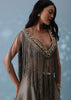 Dusty Brown Embroidered Skirt Top Set In Shimmer Organza With Fringe Shrug