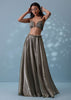 Dusty Brown Embroidered Skirt Top Set In Shimmer Organza With Fringe Shrug