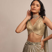 Dusty Gold Sleeveless Blouse In Jute Organza Fabric With A V-Neckline