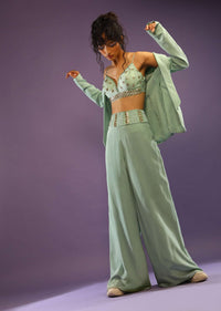 Dusty Jade Blazer And Palazzo Suit With Cut Dana Embroidered Bustier