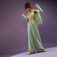 Dusty Jade Blazer And Palazzo Suit With Cut Dana Embroidered Bustier