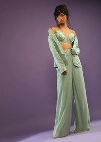 Dusty Jade Blazer And Palazzo Suit With Cut Dana Embroidered Bustier