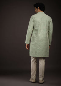 Dusty Jade Green Kurta Set With Lucknowi Thread And Sequins Embroidered Jaal And Centre Placket