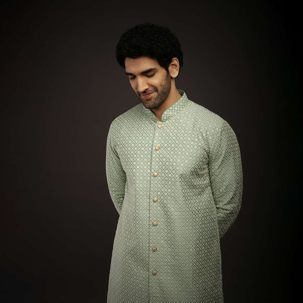 Dusty Jade Green Kurta Set With Lucknowi Thread And Sequins Embroidered Jaal And Centre Placket