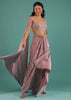 Dusty Lavender Draped Skirt And Crop Top Set With Resham And 3D Embroidery And Extended Sleeves