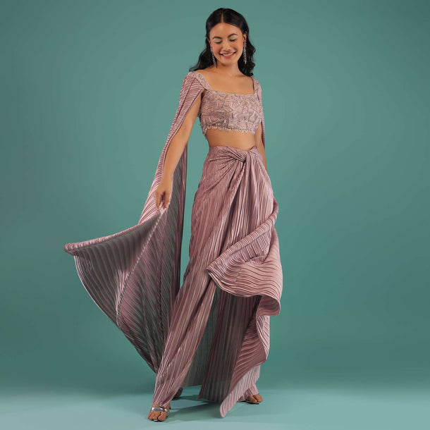 Dusty Lavender Draped Skirt And Crop Top Set With Resham And 3D Embroidery And Extended Sleeves