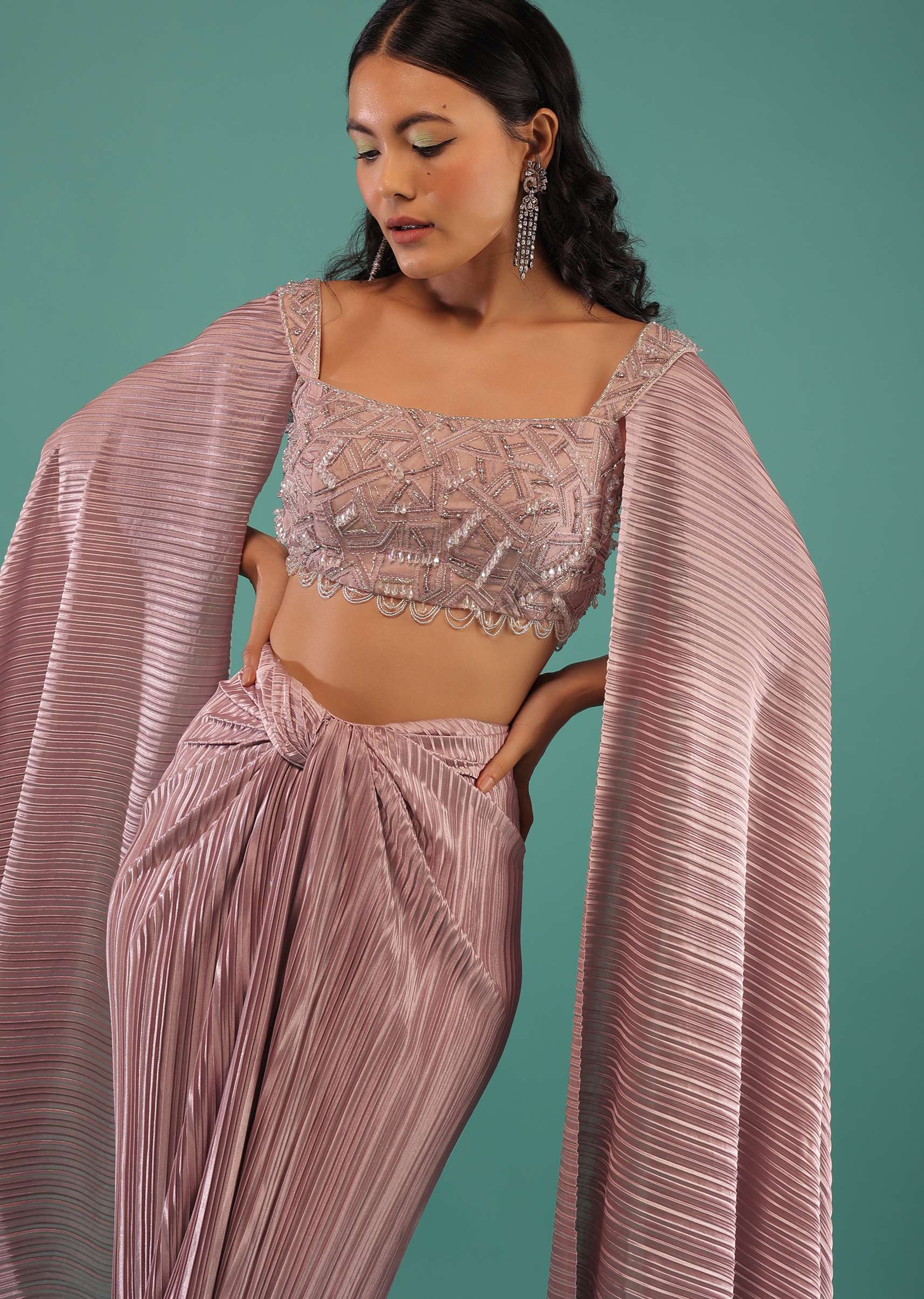 Dusty Lavender Draped Skirt And Crop Top Set With Resham And 3D Embroidery And Extended Sleeves