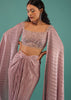 Dusty Lavender Draped Skirt And Crop Top Set With Resham And 3D Embroidery And Extended Sleeves