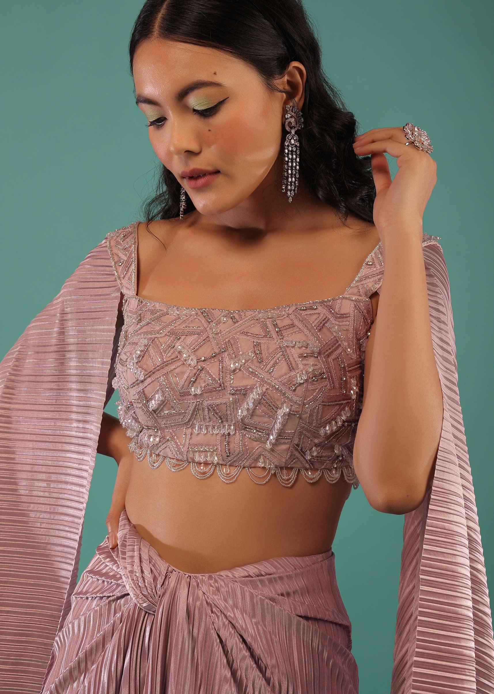 Dusty Lavender Draped Skirt And Crop Top Set With Resham And 3D Embroidery And Extended Sleeves