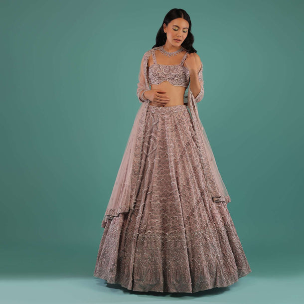 Dusty Lavender Organza Lehenga Choli With Heavy Resham And Cut Dana Embroidery In Geometric Design