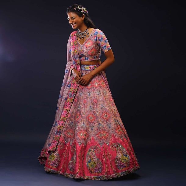 Dusty Lilac Lehenga Choli With Jaipuri Mughal Kalis And Paisley Motifs